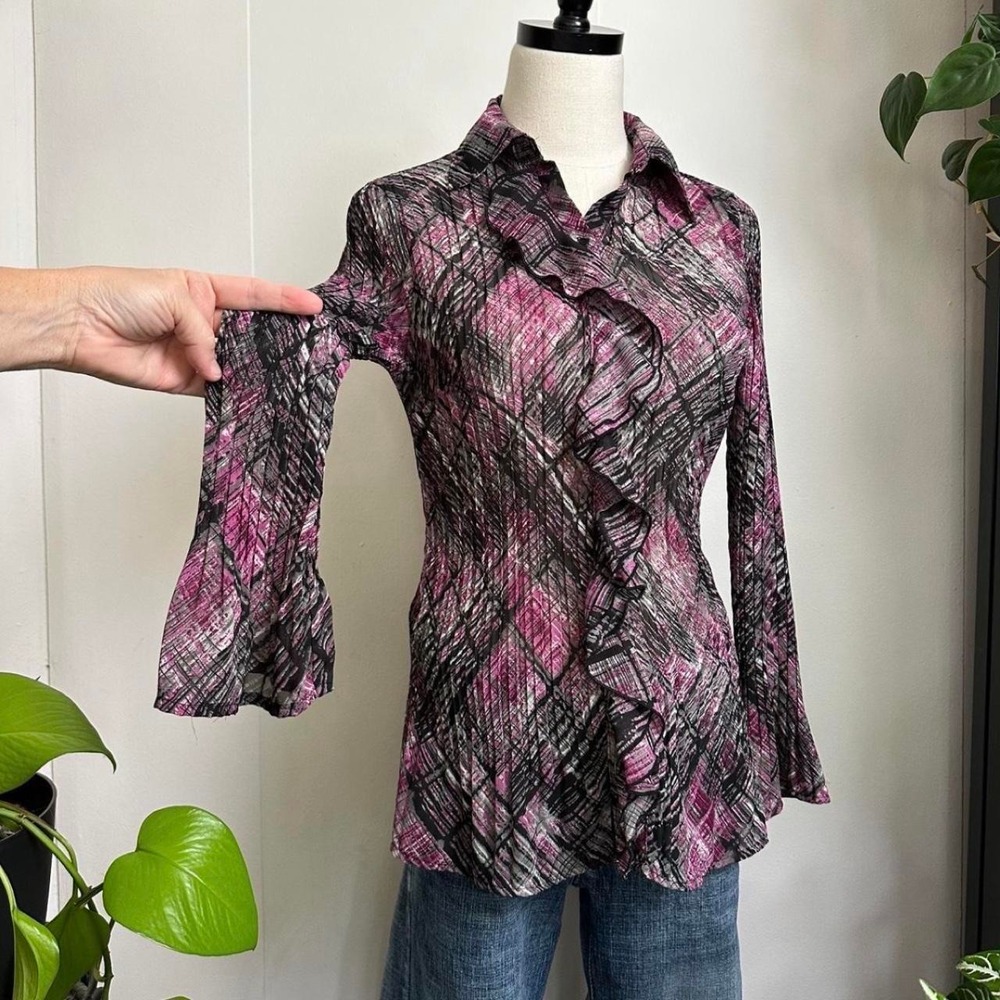 Apt 9 Vintage 90s Pink Black Abstract Ruffle Accordion Stretch Blouse Small